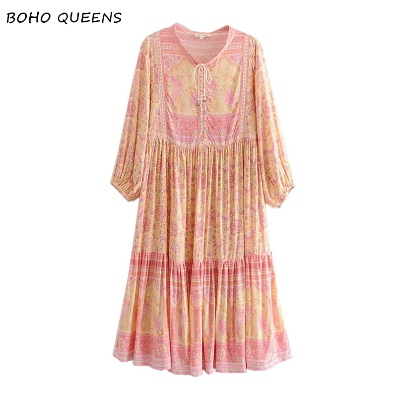 

Boho Chic women vestidos elegant dress lace-up floral print beach long Bohemian loose midi dress Ladies Summer vintage dress