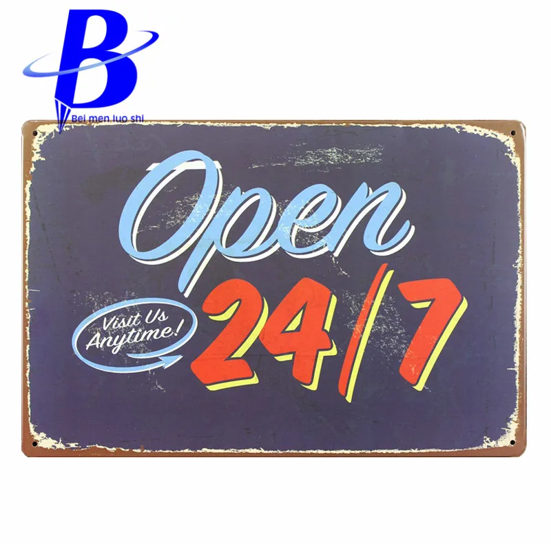Vintage Metal/Tin Sign Open 24/7 Visit Us Anytime Metal Tin Signs