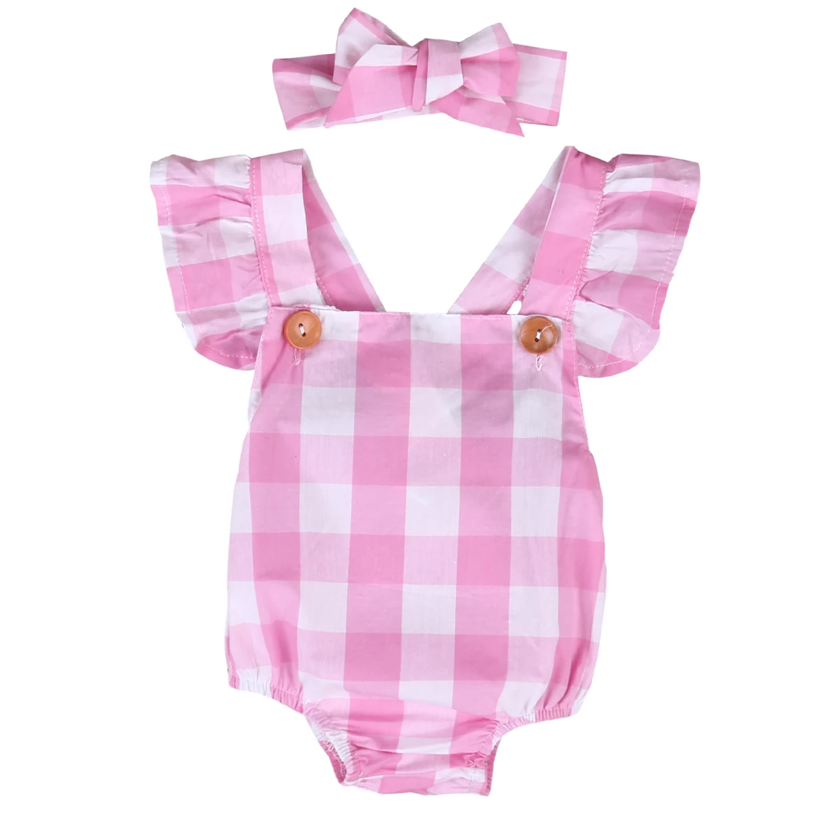 

2pcs Newborn Toddler Baby Girls Romper Cotton Backless Ruffle Sleeve Plaid Romper Jumpsuit Headband Summer Newborn Baby Clothes