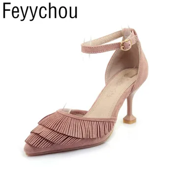 

Women Sandals High Heels Shoes 2018 Summer Spring Flock Fringe Buckle Pointed Toe New Sexy Fashion Casual Wedding Dress Black