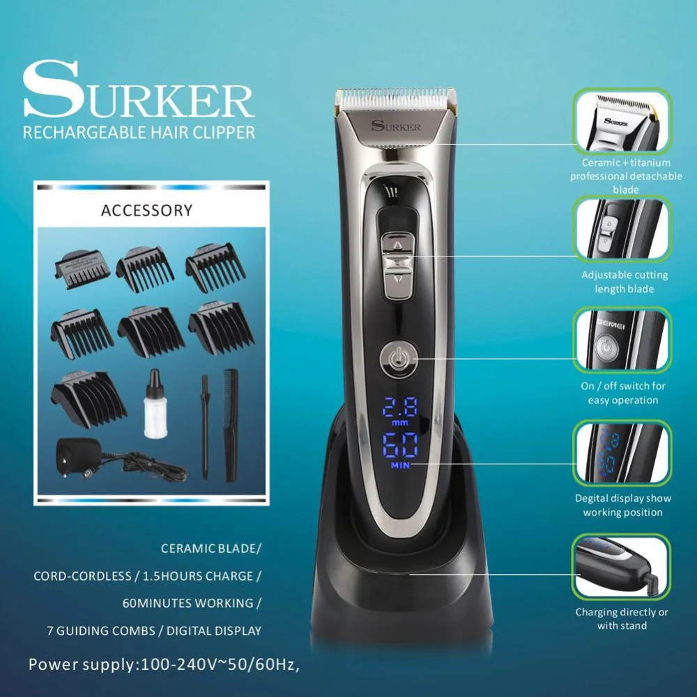 

SURKER LCD Electric Hair Clipper Men Kids Ceramic Blade Hair Trimmer 1hr Fast Charge Low Noise Professional Hair Cutting Razor