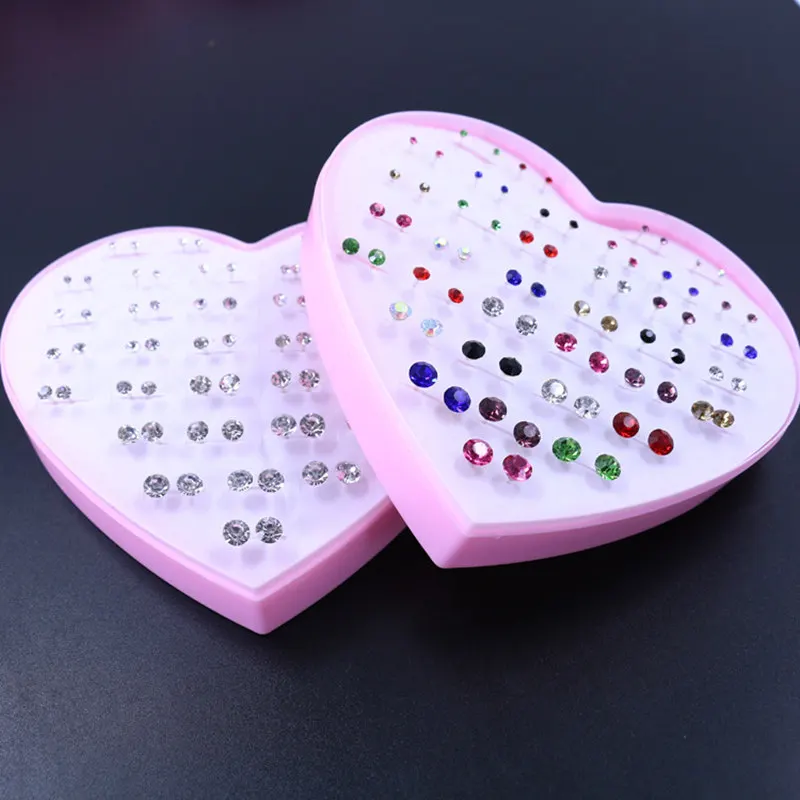 

36 Pair Multi-size Color crystal Earrings Peach Heart Box Earrings Accessories Stud Earrings Set For Prevent allergy Women