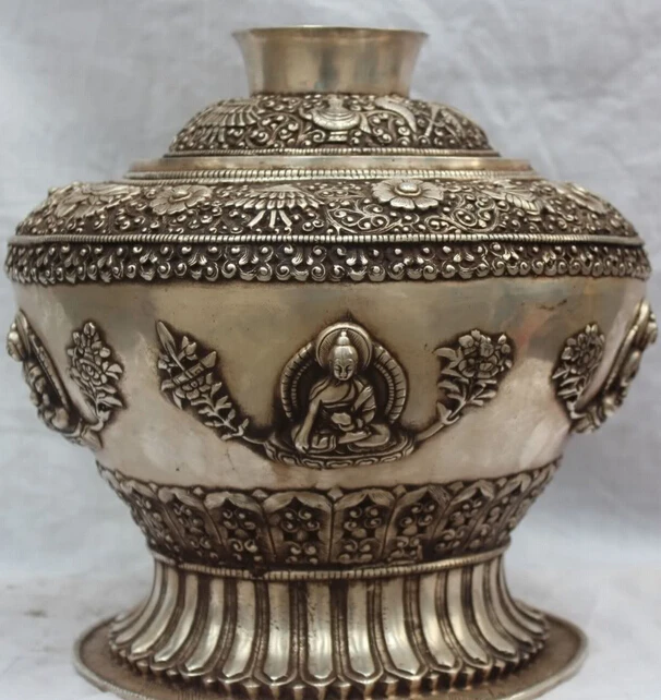 

JP S0524 Details about 12" Tibet Buddhism Silver 8 Auspicious Symbols Shakyamuni Offering Bowl Jar Pot