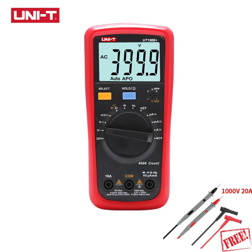 

UNI-T UT136B+ UT136C+ 1000V 10A Auto Range Digital Multimeter Resistor Capacitor Frequency Temperature HFE NCV Test Data Hold