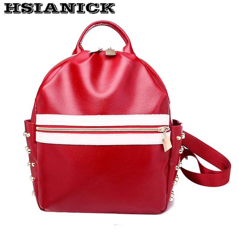 

Backpack female 2019 new design red black luxury color fashion soft leather backpack female college wind casual rivet backpack