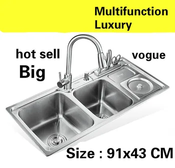 Buy Free Shipping Apartment Kitchen Double Groove Sink Vogue Do The Dishes Food-grade 304 Stainless Steel Hot Sell 91x43 CM