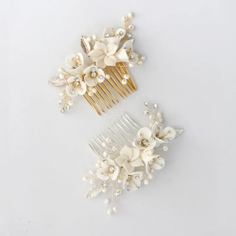 Jonnafe Золотой Серебряный фарфоровый цветок Свадебная маленькая расческа жемчужные украшения для волос ручной работы женские свадебные аксессуары для выпускного на волосы