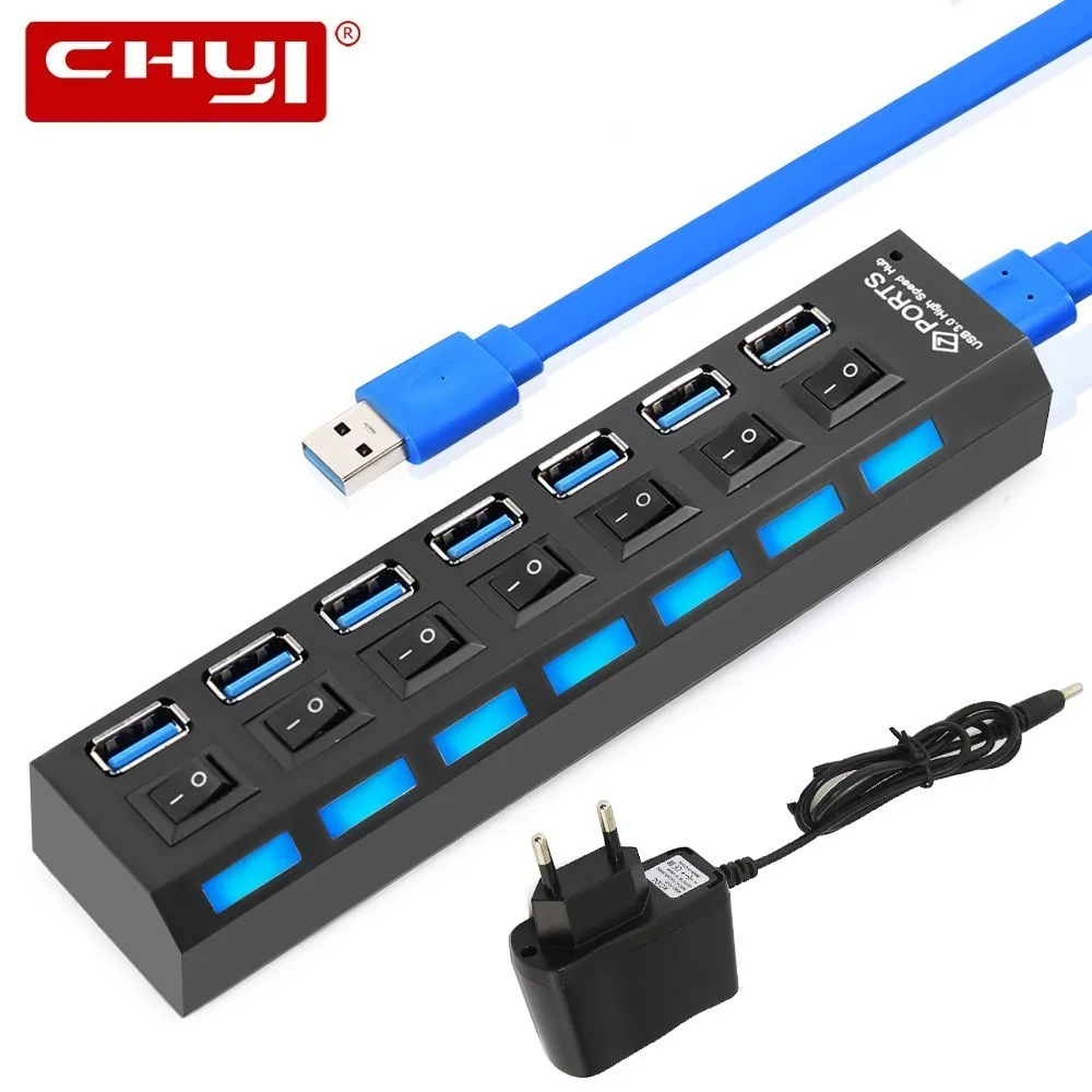 CHYI usb-хаб 3,0 с адаптером питания 7 портов USB3.0 СВЕТОДИОДНЫЙ Переключатель ВКЛ/ВЫКЛ концентратор USB разветвитель Компьютерные аксессуары для ПК ноутбука Горячая Распродажа