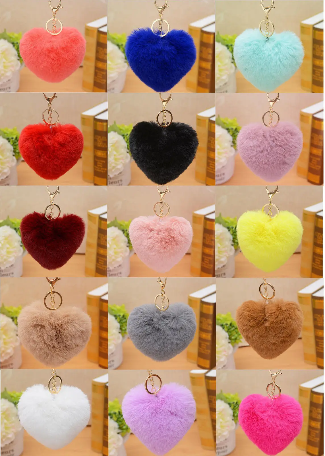 

Key Chains Soft Fluffy Faux Rabbit Fur Pompom Heart Key Ring Hangbag Charm