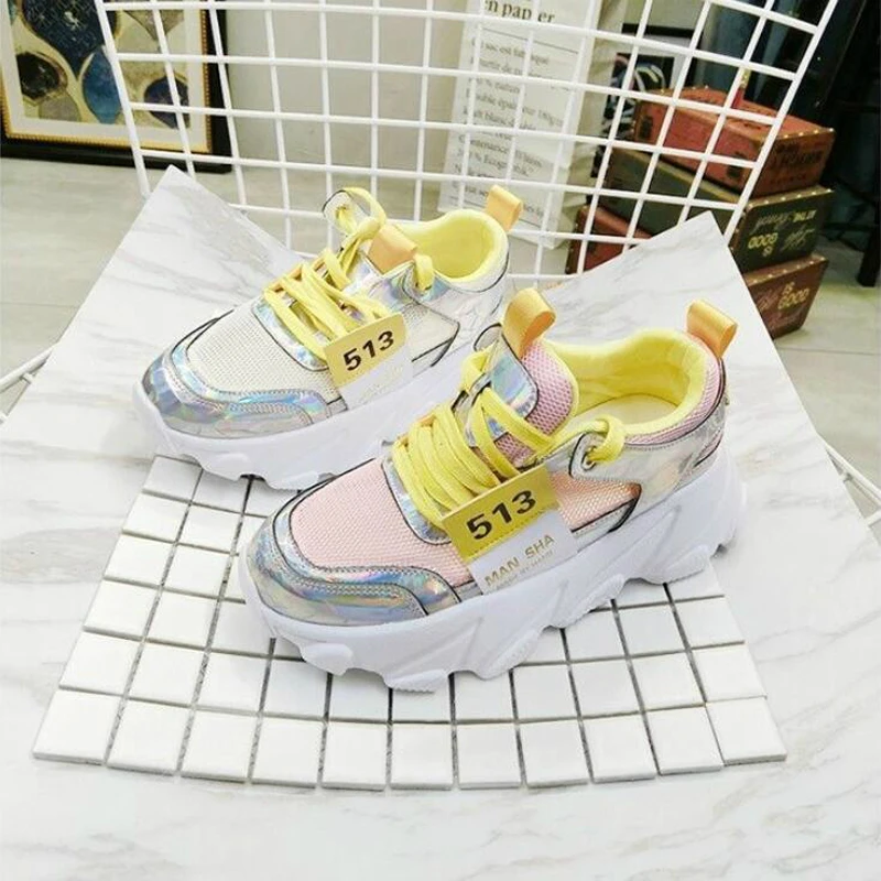 

NEW Platform Sneakers Ultra-light Trend Women Shoes Bling Explosions Thick-soled Lace-up High-heeled Ladies Shoes Woman 35-40 W4