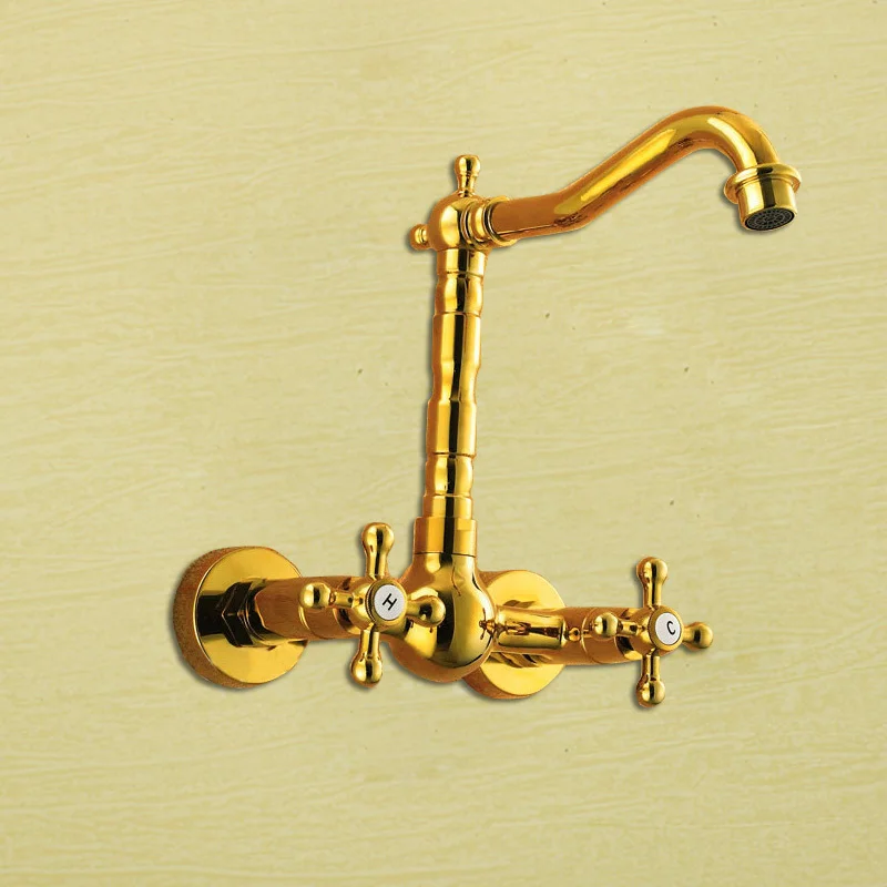 Continental Gold Full copper basin mixer Double handle faucet Art Basin