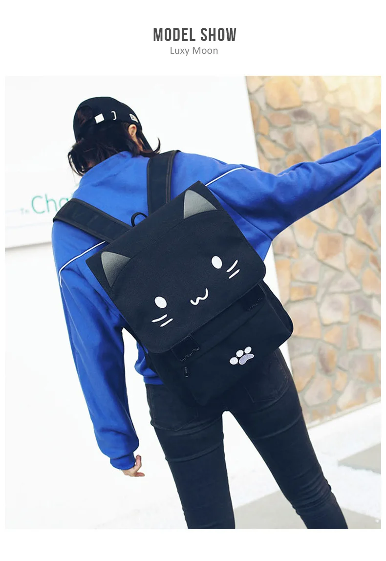 Cute Cat Canvas Backpack Cartoon Embroidery Backpacks For Teenage Girls School Bag Fashio Black Printing Rucksack mochilas XA69H