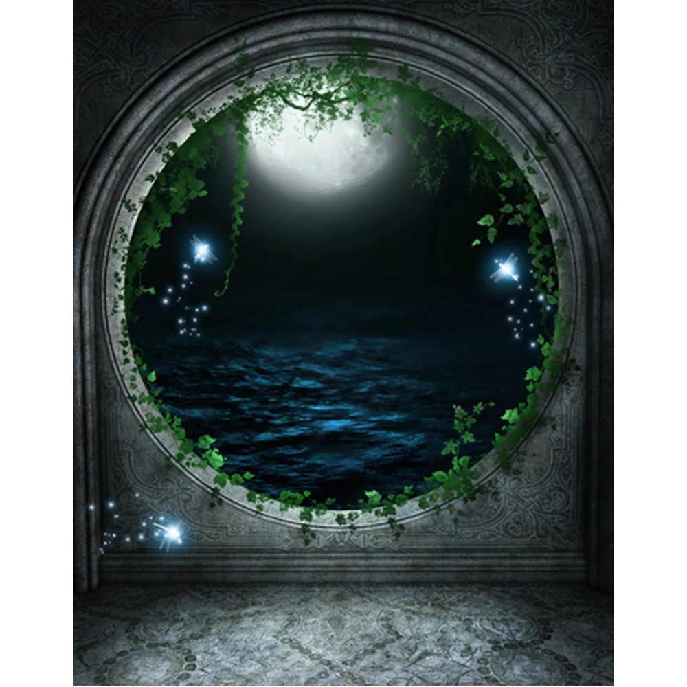 Fairy Tale Castle Backdrop Circle Window Printed Genie Butterflies Blue