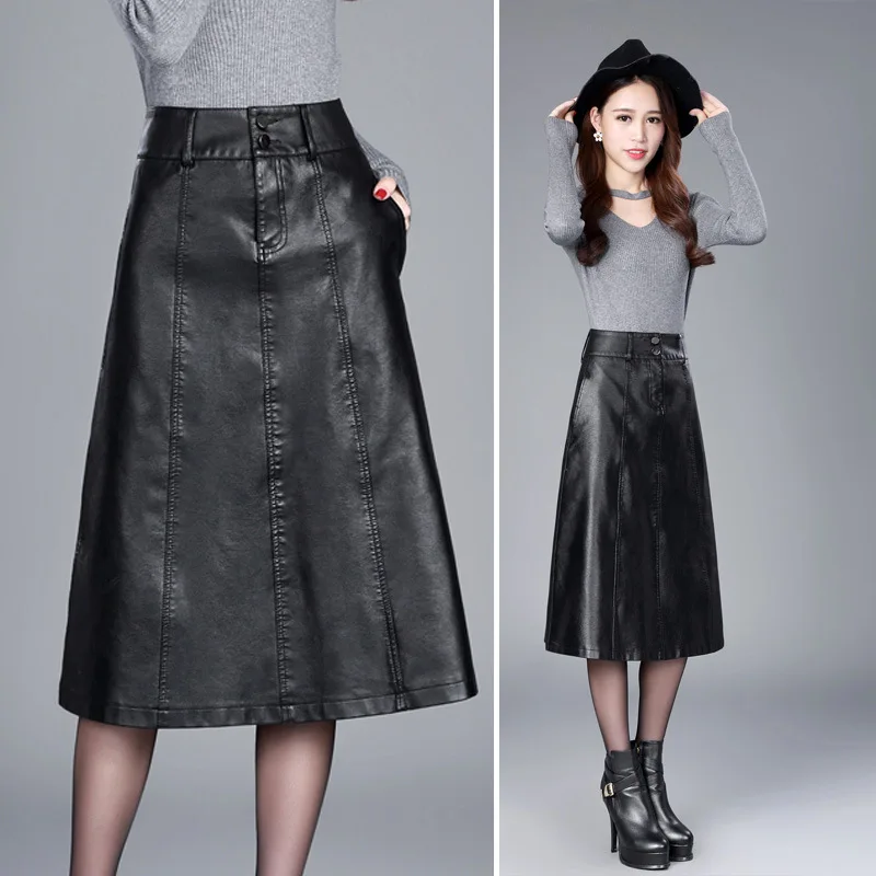 women Winter midi skirt 2019 spring womens high waist PU leather skirt faldas vintage saias plus size M-4XL women Winter midi skirt 2019 spring womens high waist PU leather skirt faldas vintage saias plus size M-4XL