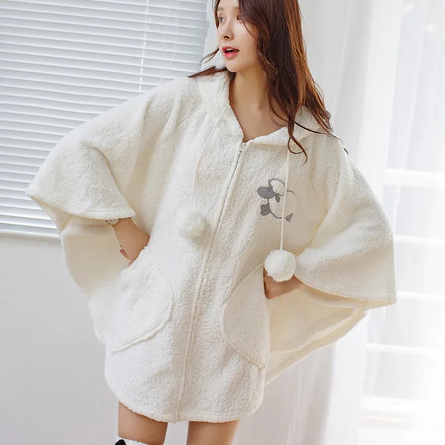 

Winter Thick Warm Flannel Hooded Plush Robes Cute Cartoon Cloak Fleece Loose Girl Bathrobe Kawaii Solid Sleepwear Lady Nightgown