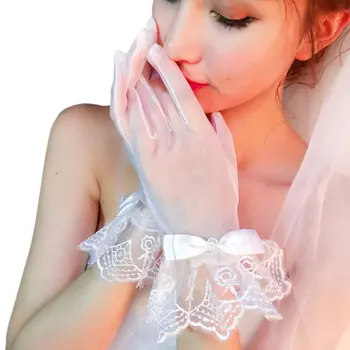 

Women Bridal See Through Full Fingered Short Gloves White Length Scalloped Geometric Lace Trim Bowknot Decor Wedding Party