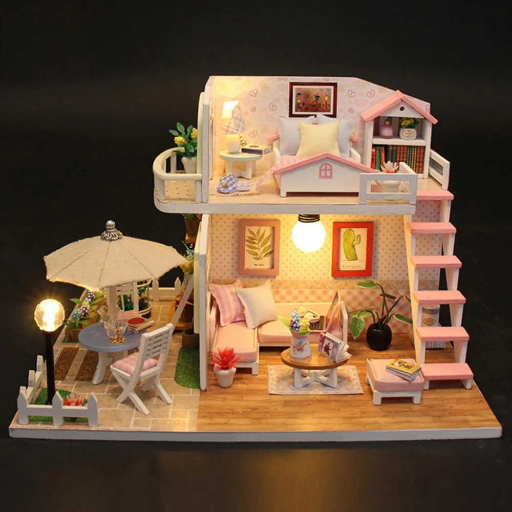 VKTECH Handmade Wood Flash Loft DIY House Toy Miniature Dollhouse Toys
