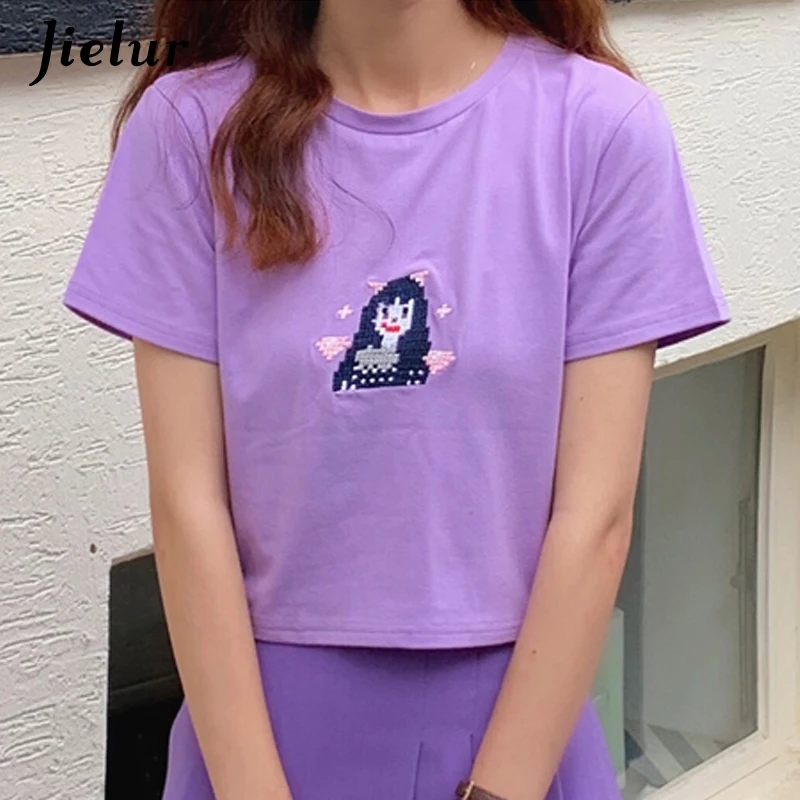 

Jielur Summer T shirt Women Short Sleeve Chic O-neck Purple T-shirt Ladies Embroidery Hipster Camiseta Mujer Tee Shirt Femme