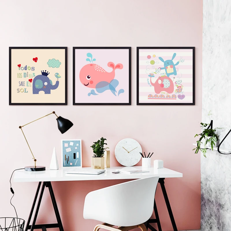 Картина с мультяшными животными милый слон птица Кит и кролик плакат модные