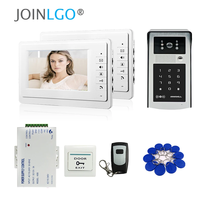 FREE SHIPPING New 7\ LCD Video Intercom Door Phone System 2 Monitor + Outdoor RFID Code Keypad Password Doorbell Camera In Stock