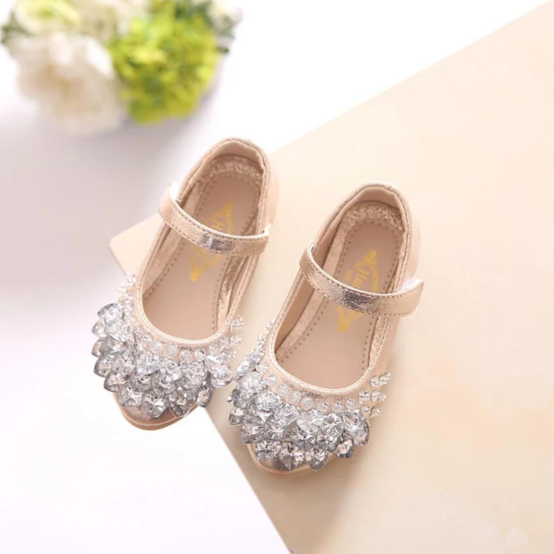 Autumn Children Leather Shoes Fashion Solid Color Rhinestone Girls Princess Baby Dancing Shoes Flat Heel Kids Shoes For Girls