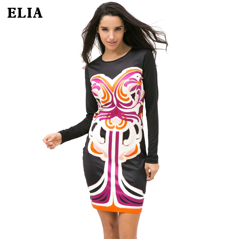 Long Sleeve Print Flower Bodycon Vintage O neck Dresses Women Autumn Elegant Chic Business PartyPencil Dress Vestidos 8697