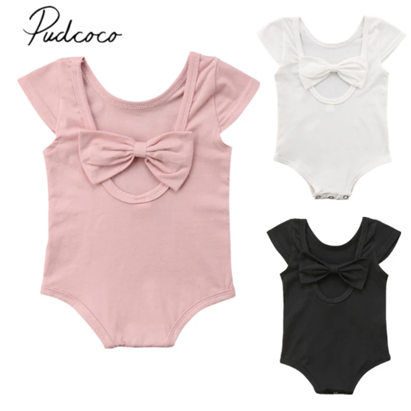 

Lovely Summer Casual Toddler Baby Girl Romper Short Sleeve Solid Back Bow Jumpsuits Romper Cotton Outfit Wholesale 0-18M