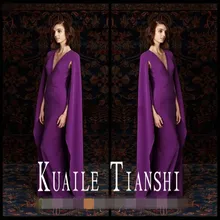 sexy deep v-neck 2017 robe de soiree courte hijab evening party vestido de festa cap sleeve purple Evening Dress with shawl
