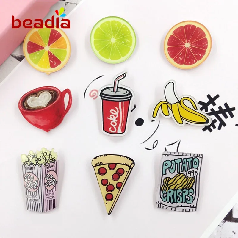 

Korean ulzzang Lovely Cartoon Acrylic Badges Pins For Clothes Backpack Banana Coke Lemon Pizza Coffe Decorating Brooch