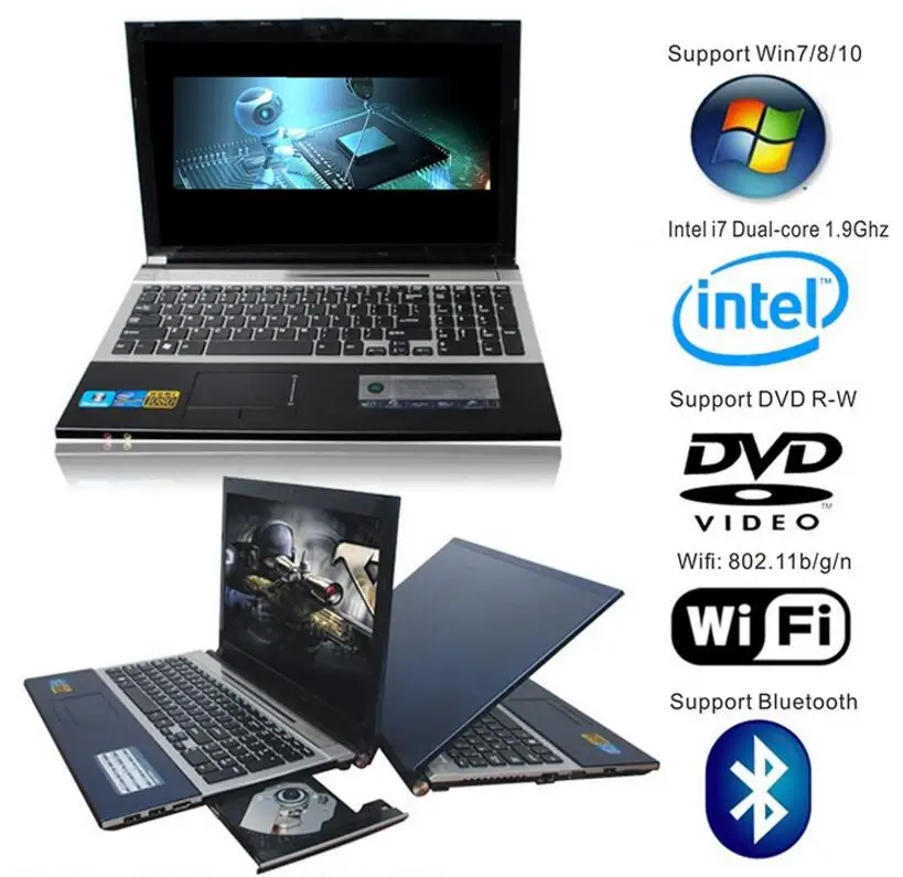 8G ram 60G SSD HDD 750G Intel Core i7 cpu Игровые ноутбуки 15,6 дюймов 1920x1080P HD Windows 10 ноутбук с DVD-RW для офиса дома