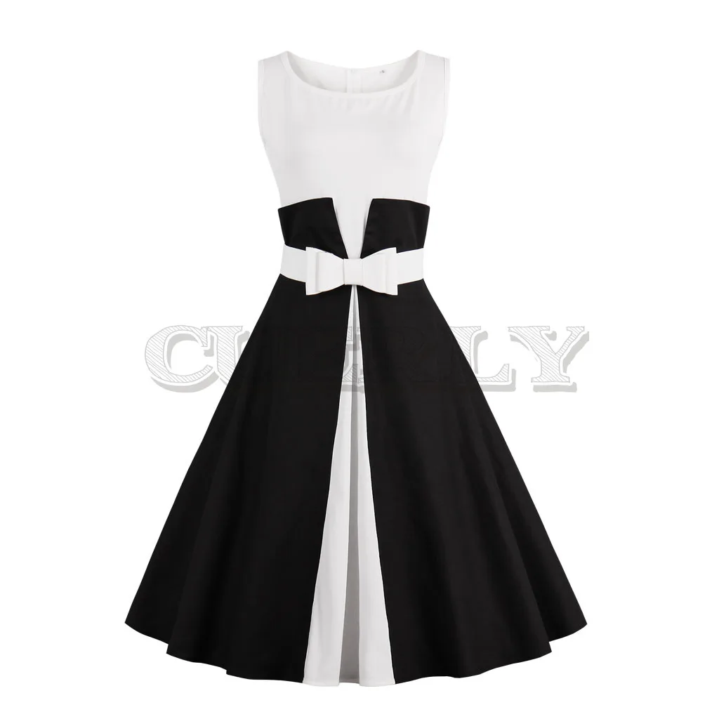 

2019 New Summer Dress Sleeveless patchwork style 1950s Vintage Dress Black White Women Party Dress Feminino CUERLY