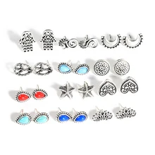 12 пар/компл. в богемном стиле, в виде морской звезды луна ручной морской конек серьги-гвоздики Комплект сережек для женщин с геометрическим узором в форме сердца Серьги Brincos Vintage ювелирные изделия