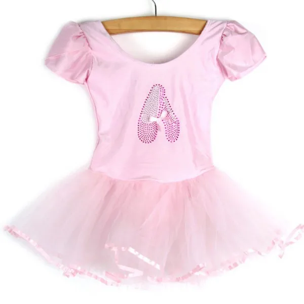Детское балетное платье-пачка для занятий гимнастикой для девочек, танцевальное платье с короткими рукавами, юбка принцессы с помпонами - Цвет: Розовый