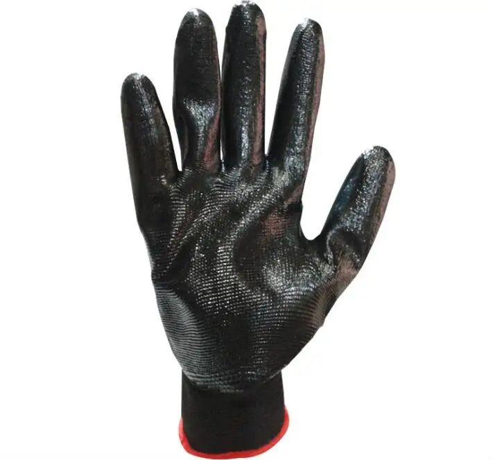 Поставка черные NBR перчатки для страховки труда Нескользящие износостойкие матовые резиновые перчатки Прорезиненные защитные маслостойкие перчатки