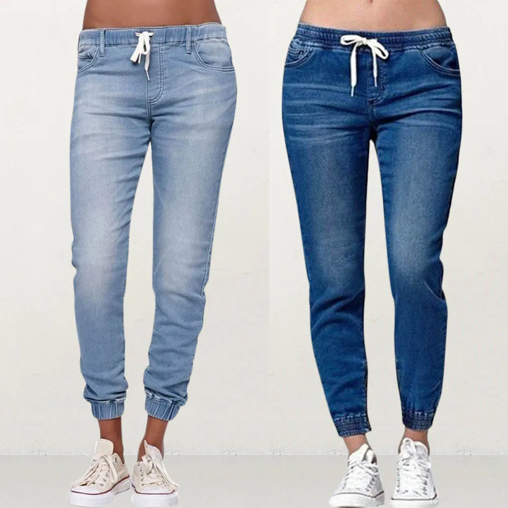 

Women Fashion Pure Color Loose Leisure Lace-up Jeans Ladies Pencil Pants