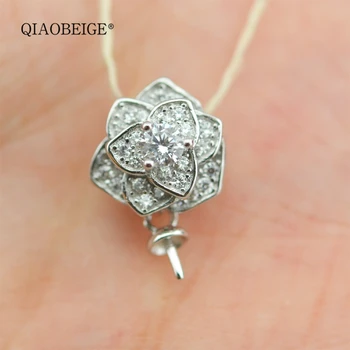 

QIAOBEIGE Solid 925 Silver Pendant for DIY Personalize Pendants Making flower design pearl embedded holders jewerly women3363