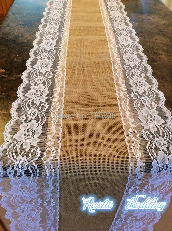 Buy 108'' Long BURLAP AND WHITE LACE RUNNERS for
