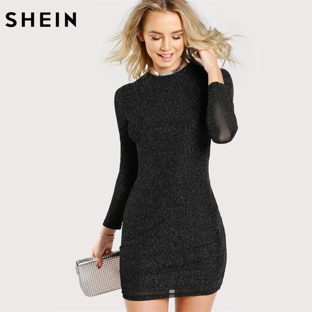 shein glitter form fitting tee dress black women dress long sleeve black form fitting dress