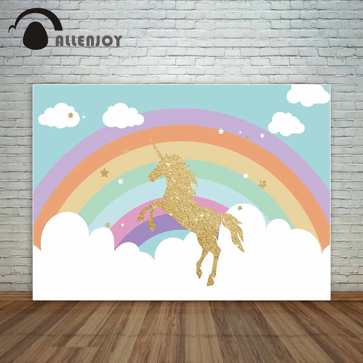 Allenjoy Jumping golden unicorn with rainbow and cloud backdrop for birthday party decoration ...