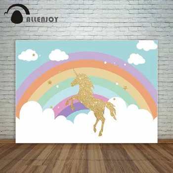 

Allenjoy Jumping golden unicorn with rainbow and cloud backdrop for birthday party decoration photocall for a photo shoot