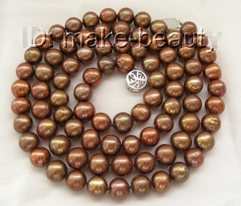 

Free shipping@@@@@ A>stunning long 32" 11mm round coffee freshwater pearl necklace 9K clasp d478 a