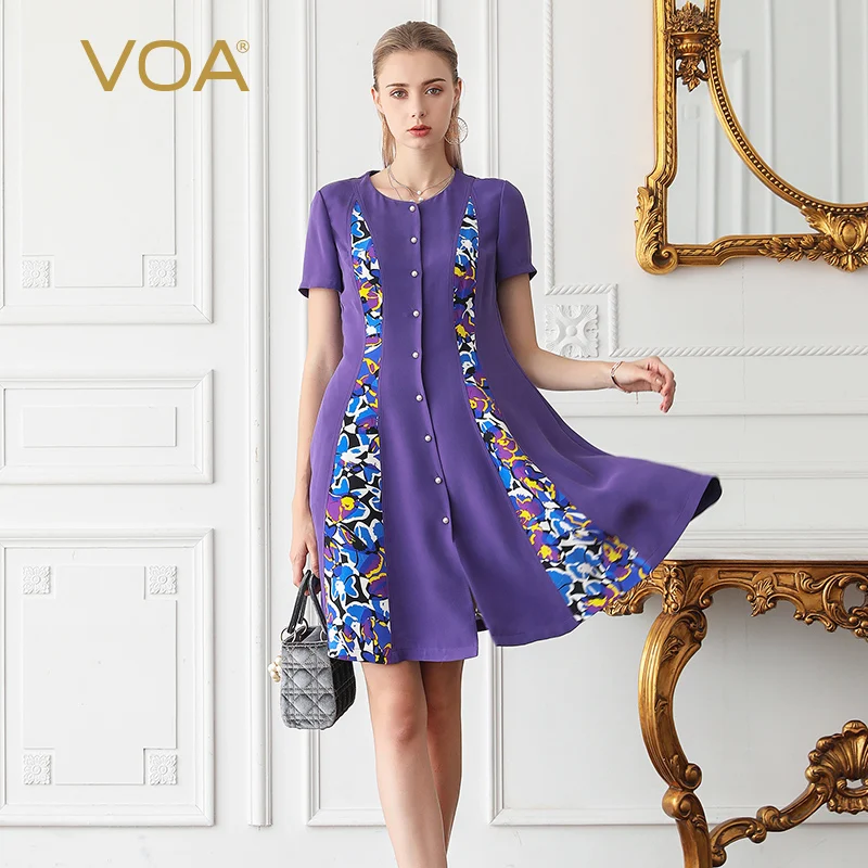 

VOA Heavy Silk Purple Summer Shirt Dress Single Row Pearl Buttons Women Midi Dresses Short Sleeve Printed Large Size Casual A793