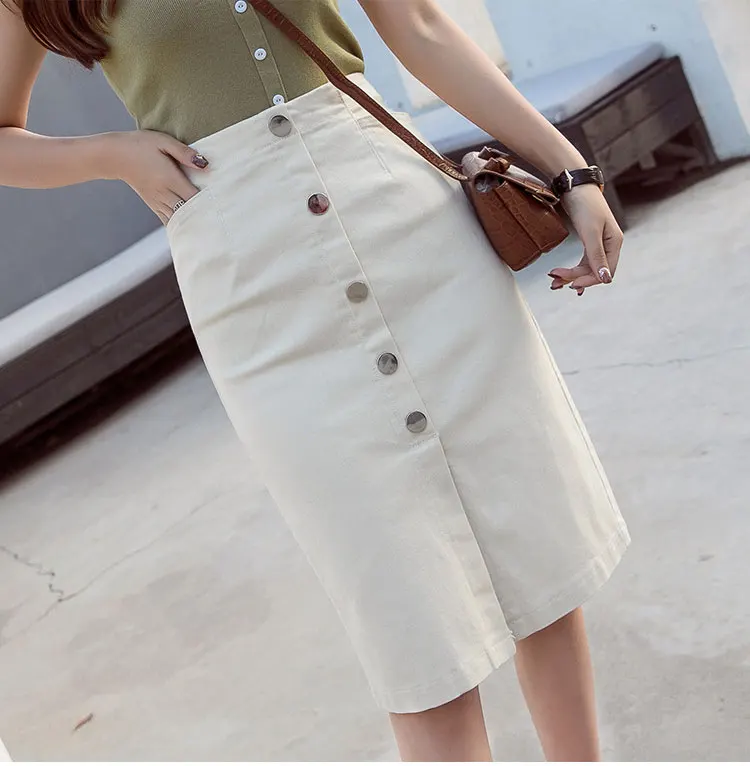 Однобортная женская джинсовая юбка с высокой талией, уличная облегающая женская юбка-карандаш, белая Повседневная джинсовая юбка с карманами