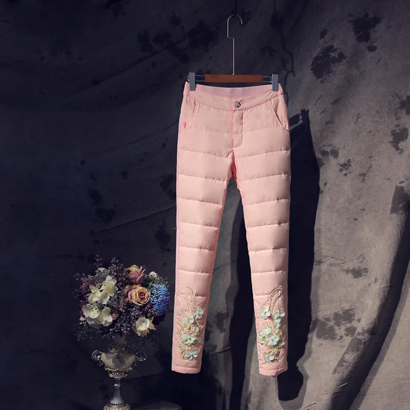 LXMSTH Новая мода зима подпушка брюки для девочек для женщин теплые толстые карманы жемчуг заклепки цветочный вышивка брюки с эластичным