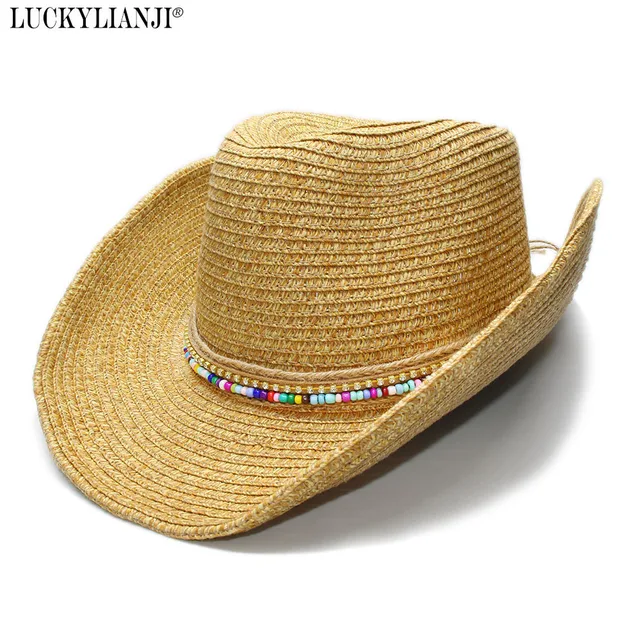 Luckylianji Women S Men Uni Adjule Wide Brim Soft Straw Luckylianji Women S Men Uni Adjule Wide Brim Soft Straw Sun Beach Cowboy Hat Wood Beads Braided