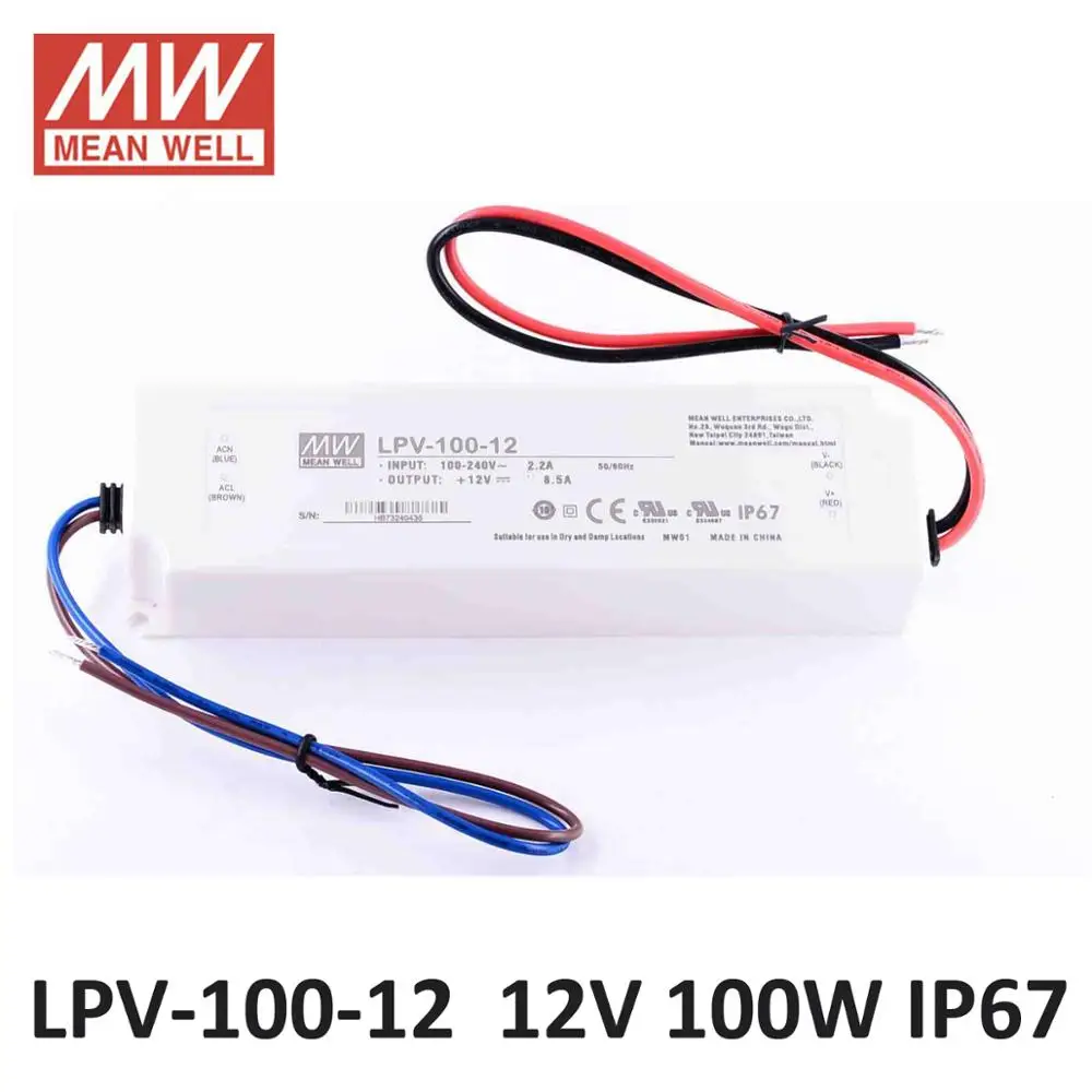 

MEANWELL LPV-100W DC 12V 24V LED Power Supply waterproof 5V 15V 36V isolated plastic IP67 90~264VAC input led driver 48VDC UL CE