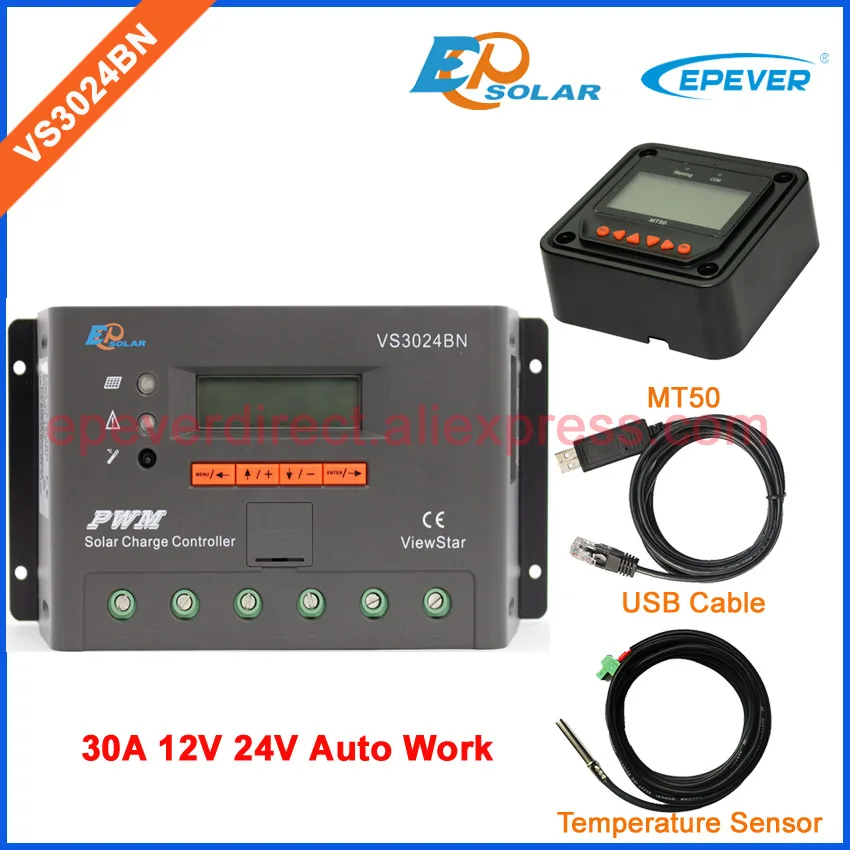 

PWM 24V charger controller solar panel regulator VS3024BN USB cable and temperature sensor user parameter set MT50 30A