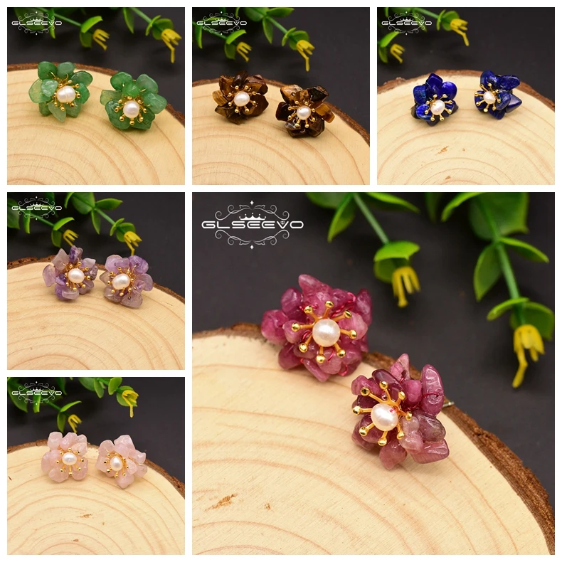 GLSEEVO Natural Jade Pearl Stud Earrings For Women Mom Birthday Day Gift 925 Sterling Silver Flower Earring Fine Jewelry GE0780