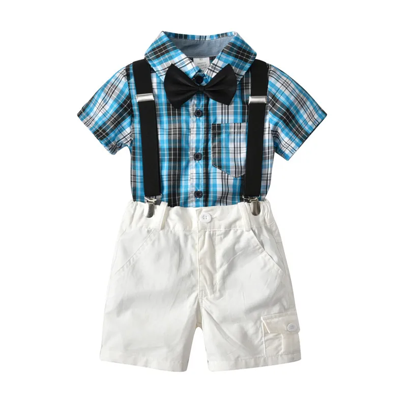 

ideacherry Boys 4PCS Gentleman Suit Summer Boys Clothing Sets Children Clothing Set Kid Boy Clothes Plaid Shirts+Shorts With Tie
