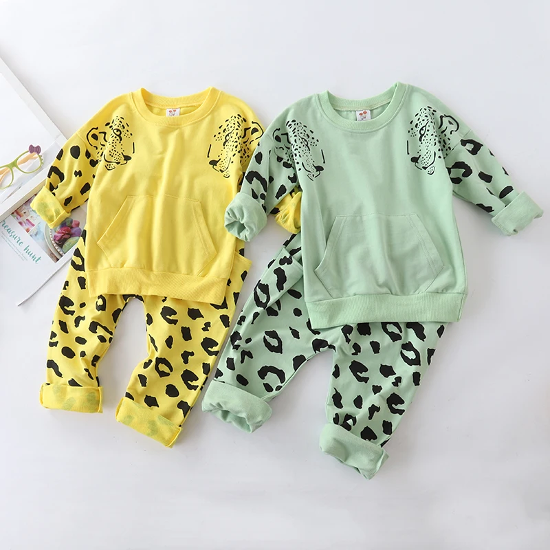 

Bailiwieni autumn cotton medium children's leopard print long-sleeved hoodie leopard print pantsuit children's suit